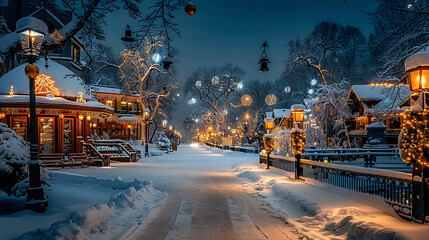 Beautiful winter cityscape in the evening with lanterns and Christmas decorations