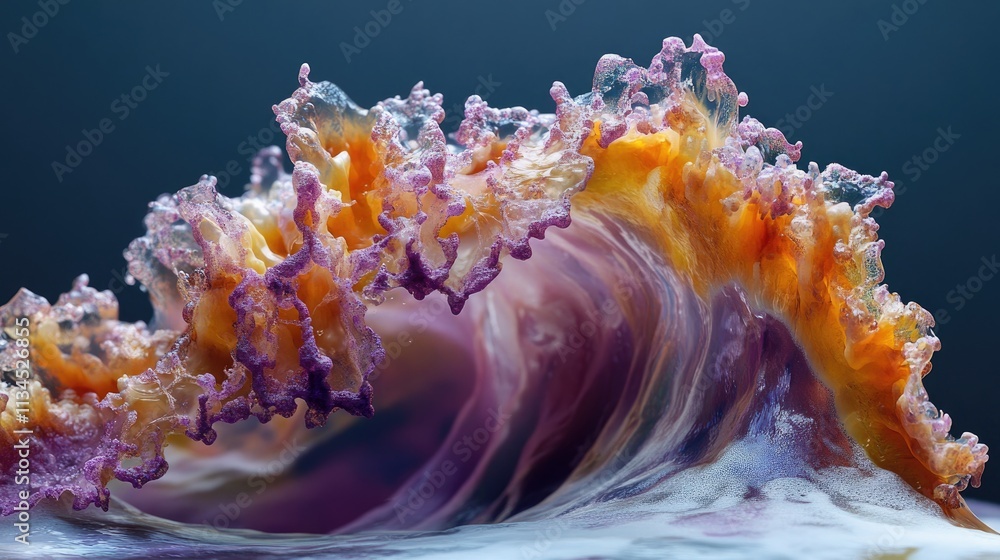 Poster a vibrant wave mid-crash, with its frothy crest and cascading water creating a mesmerizing shot