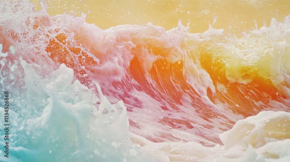 Poster a vibrant wave mid-crash, with its frothy crest and cascading water creating a mesmerizing shot