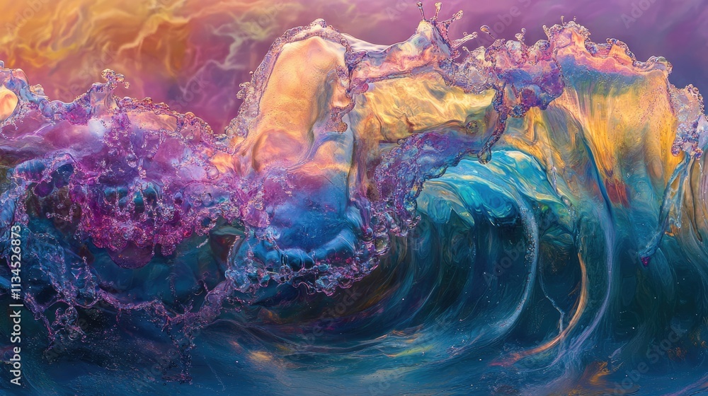 Poster a vibrant wave mid-crash, with its frothy crest and cascading water creating a mesmerizing shot