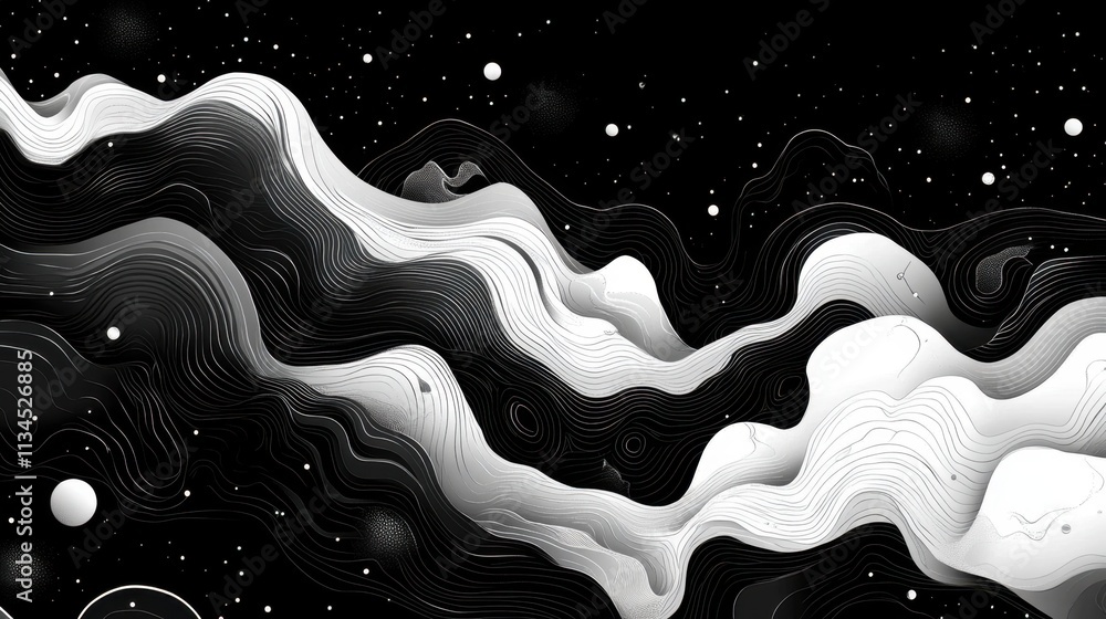Poster abstract cosmic wave pattern in black and white art showcasing fluid forms and starry background