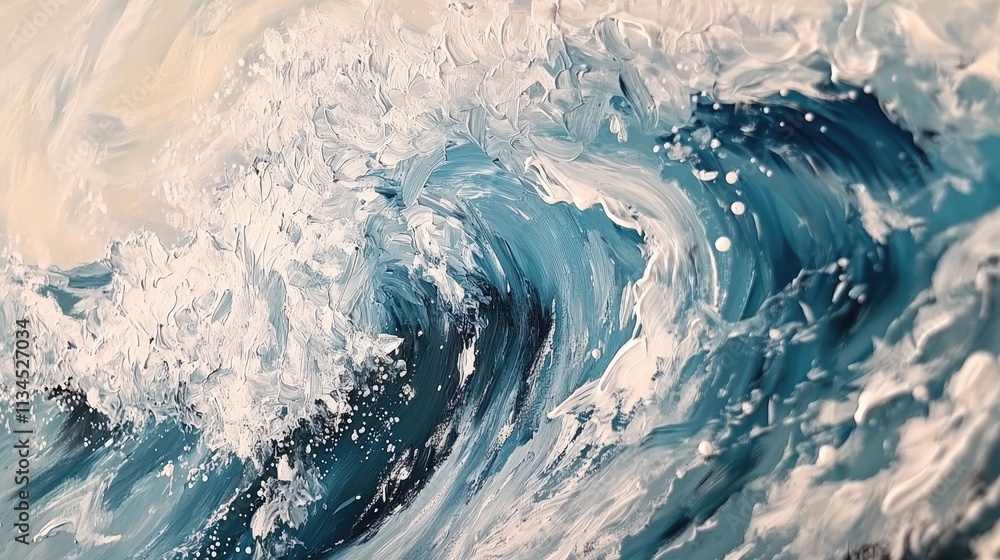 Poster a close-up of a crashing wave, capturing its frothy crest and dynamic energy in stunning detail