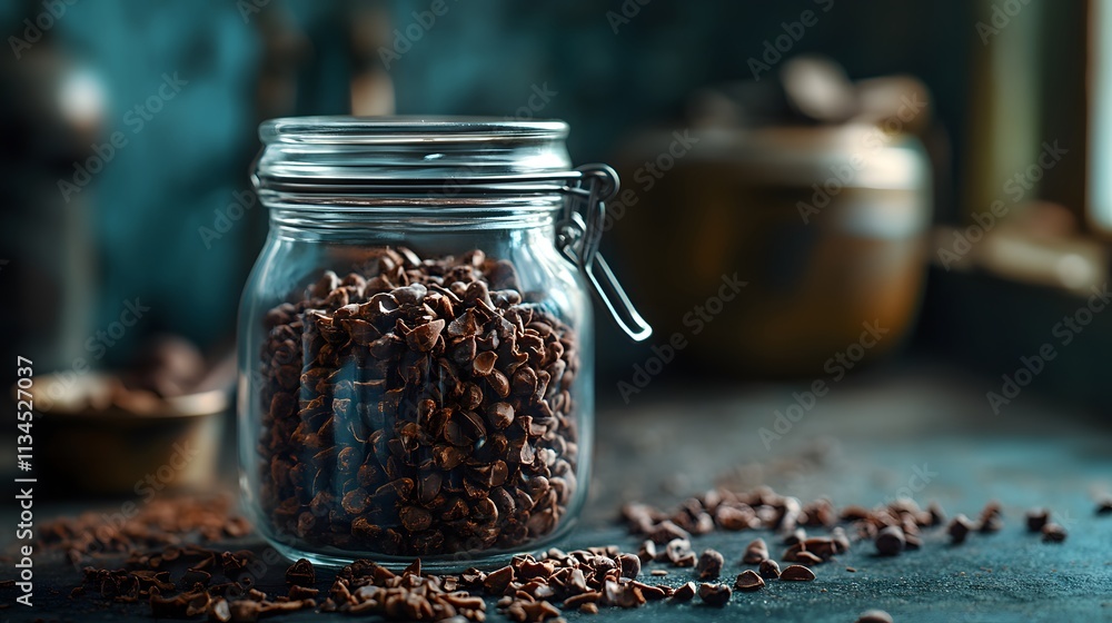 Poster a glass jar of raw cacao nibs, with natural textures highlighted by soft light