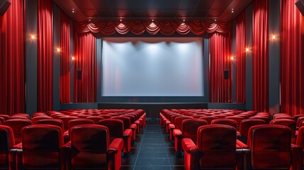 Fototapeta premium Empty red theater seats, screen and curtains.