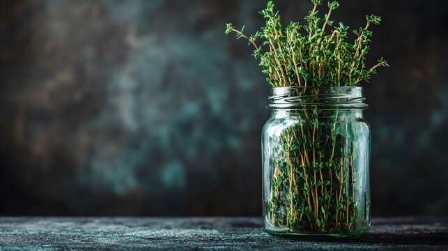 A jar containing fresh thyme sprigs, emphasizing simplicity and natural culinary appeal