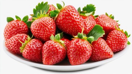 Fresh, ripe strawberries on a white plate, studio shot.