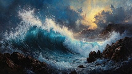 A dramatic ocean wave captured mid-crash against rugged rocks, with water spray sparkling in the light