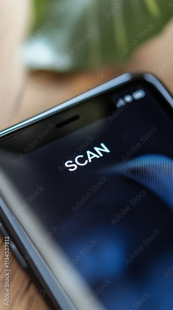 Poster smartphone scanning: close-up of a smartphone screen displaying the word 