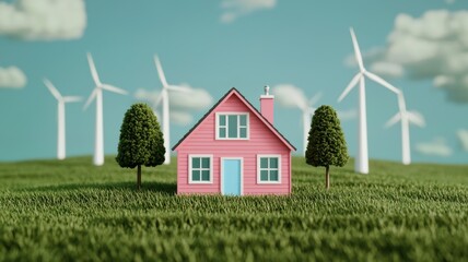 Eco Friendly Home Green Energy Sustainable Living Pink House Wind Turbines Trees