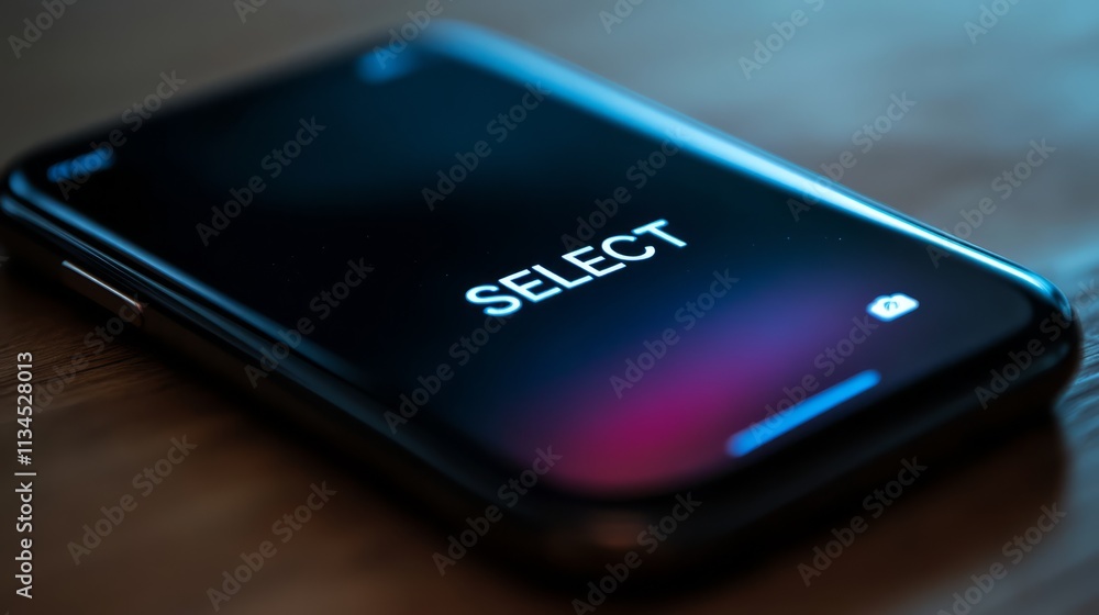 Aufkleber smartphone select screen: a close-up shot of a smartphone displaying the word 