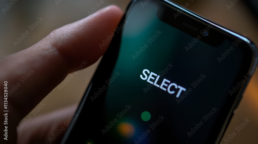Poster smartphone selection: close-up of a fingertip on a smartphone screen displaying the word 