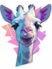 Close-up portrait of a smiling giraffe with vibrant pastel background.