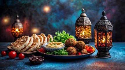 Fototapeta premium Colorful falafel plate with pita bread and hummus, set against Middle Eastern decor, highlighting traditional cuisine, food culture, and restaurant dining experience.