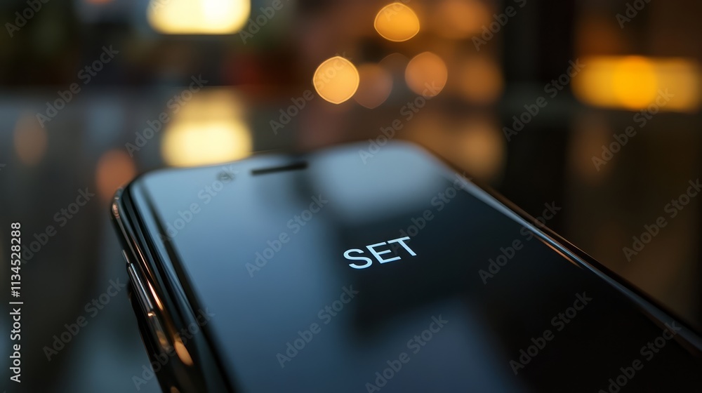 Poster smartphone set alarm: close-up shot of a smartphone screen displaying the word 