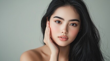 Naklejka premium Portrait of a young woman with flawless skin and natural beauty