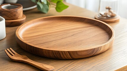 A plain wooden plate on a rustic oak countertop with handcrafted wooden cutlery, highlighting simplicity and warmth