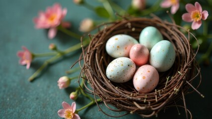 Fototapeta premium A nest of twigs with Easter eggs in pastel colors, spring flowers on a background of light stone, space for advertising, text, words