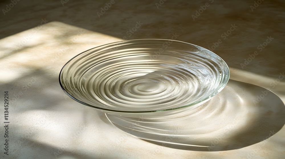 Poster A glass plate with subtle patterns, positioned on a concrete countertop with soft natural light