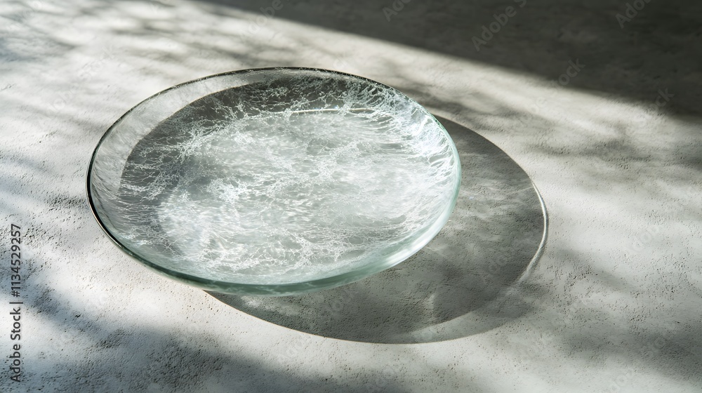 Poster A glass plate with subtle patterns, positioned on a concrete countertop with soft natural light