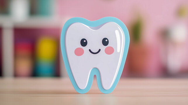 Dental care sticker featuring a smiling tooth and colorful floss motif in a cheerful setting