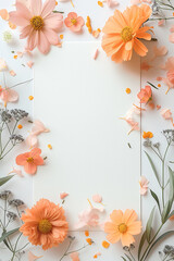 Floral frame with blooming flowers and petals arranged elegantly for a delicate spring decor