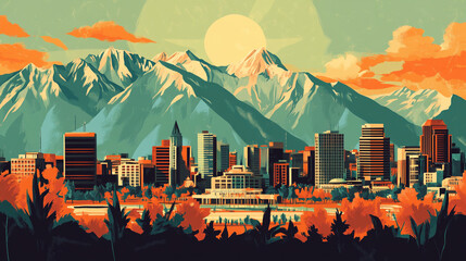 Retro Poster of Santiago, Chile with Andes and Plaza de Armas in Vibrant Vintage Travel Aesthetic