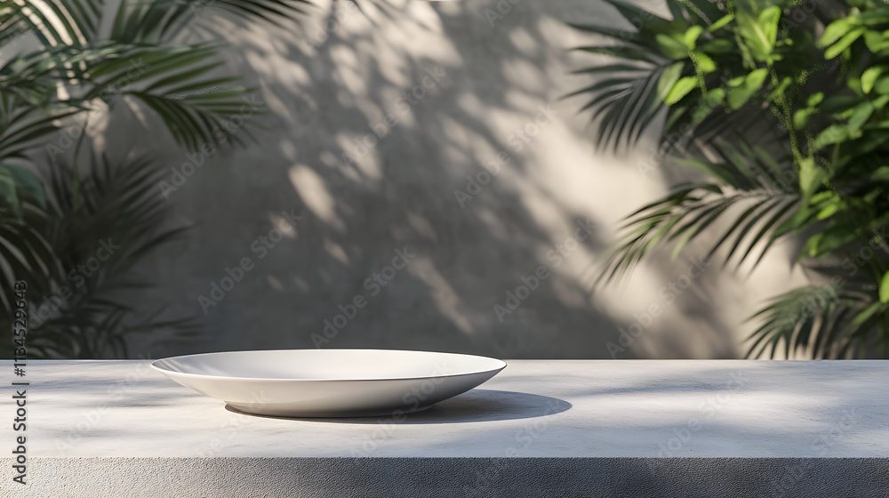 Aufkleber A plain porcelain plate with subtle curves, placed on a smooth concrete table with a hint of greenery in the background
