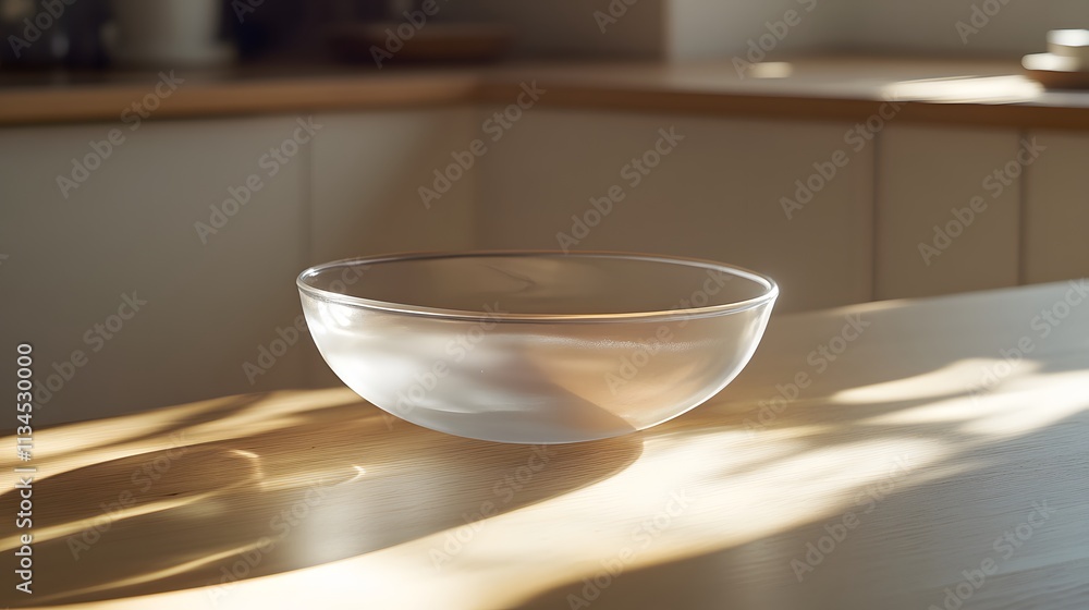 Poster a frosted glass dish with a soft curve, sitting on a light oak countertop with natural light streami