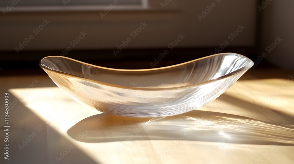 Poster a frosted glass dish with a soft curve, sitting on a light oak countertop with natural light streami