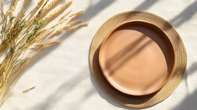 A terracotta plate on a sand-colored table, with its matte surface adding a raw and organic vibe