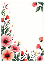 Obraz premium A beautiful floral border featuring pink and red flowers with green leaves, perfect for invitations or greeting cards.