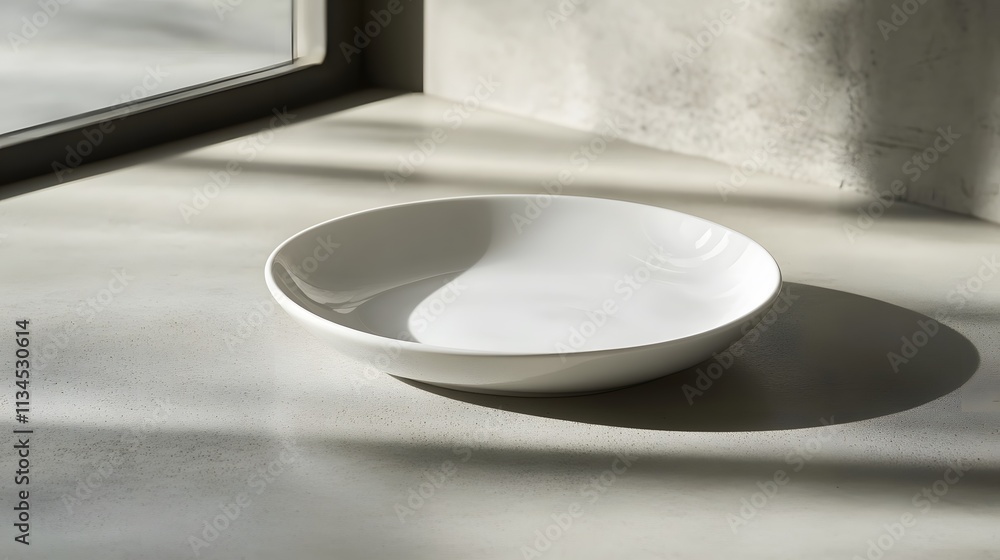 Poster a single matte white plate with smooth curves, sitting on a clean concrete countertop, bathed in sof
