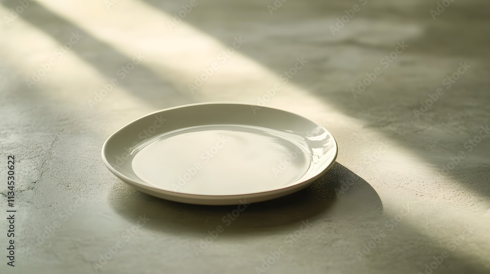 Poster a single matte white plate with smooth curves, sitting on a clean concrete countertop, bathed in sof