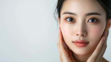 Naklejka premium Close-up portrait of a woman with glowing skin and freckles