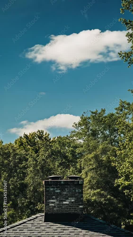Poster scenic view of a rustic structure surrounded by lush greenery under a bright blue sky with fluffy cl