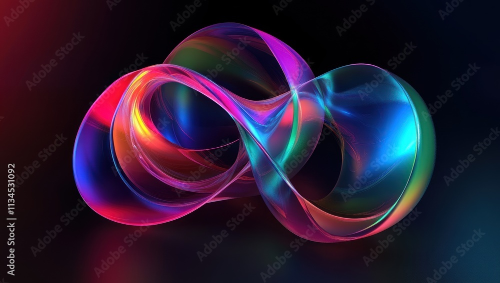 Poster multicolored iridescent curve glass object isolated on gradient background.