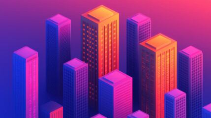 Obraz premium Vibrant digital skyline with modern skyscrapers bathed in bright colors and dynamic lighting, representing urban life.