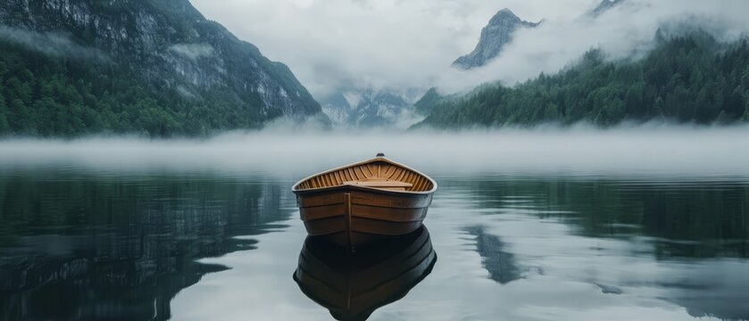 Serene Lake and Misty Mountains: A solitary wooden rowboat rests on a tranquil lake, shrouded in mist with majestic mountains in the background.