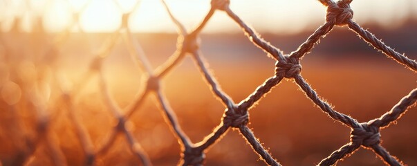Naklejka premium Golden Hour Rope Netting Texture Sports Background Sunset