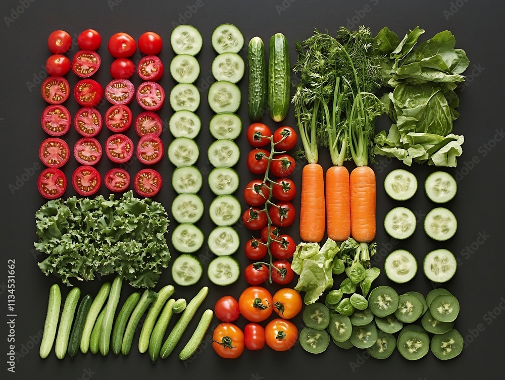 Poster assorted vibrant vegetables artfully arranged in colorful patterns