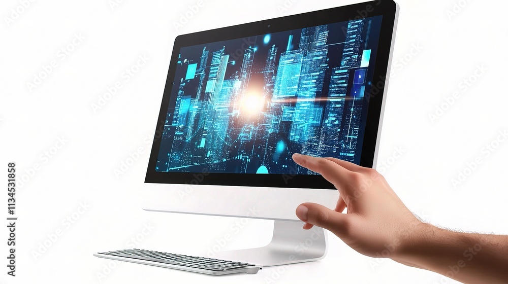 Poster modern business strategy concept with digital display and touch interaction