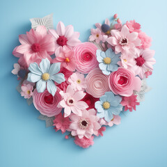 Floral heart with pink and blue flowers, petals, and bouquet for a romantic decor