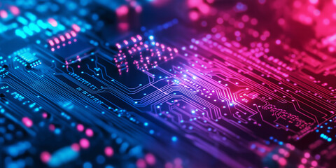 Obraz premium Purple and blue computer motherboard with integrated circuit concept of ai and new technology