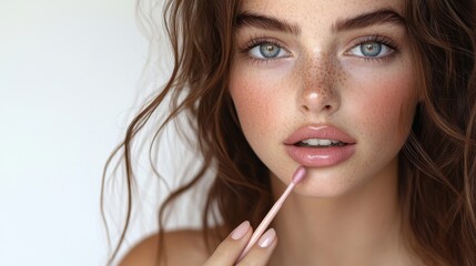 A close-up of a young woman applying lip gloss with a cotton swab.