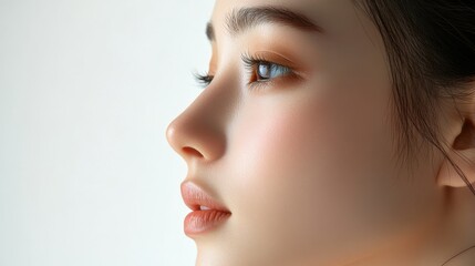 A close-up profile of a young woman with soft makeup and natural features.