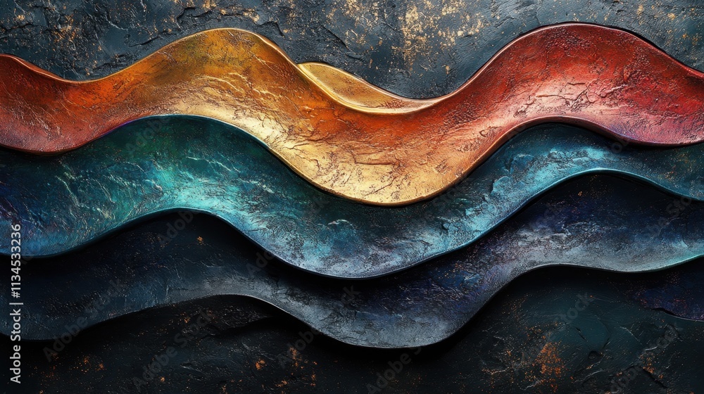 Poster colorful undulating waves in textured layers convey a sense of fluidity and motion in a captivating 