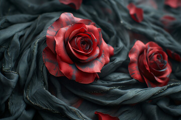 Red rose petals bloom in velvet luxury, captured in a photograph with black contrast