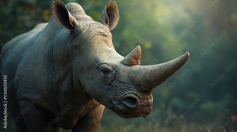 Poster a rhino standing in a grassy field with trees in the background