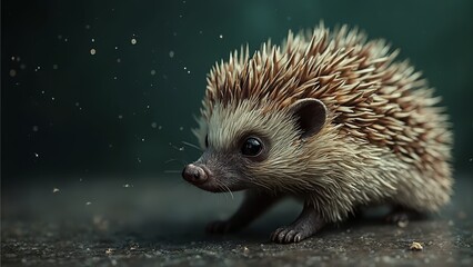 A small hedgehog standing on the ground in the rain