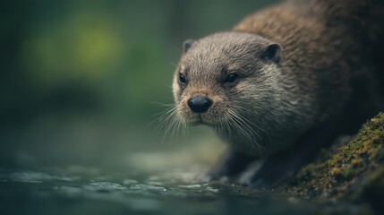 A small otter standing on a rock in the water
